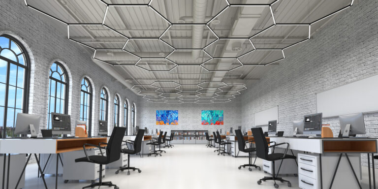 3D-rendered application image of geometric suspended lighting in an office
