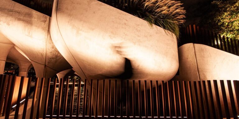 Warm flood lighting at Little Island, New York