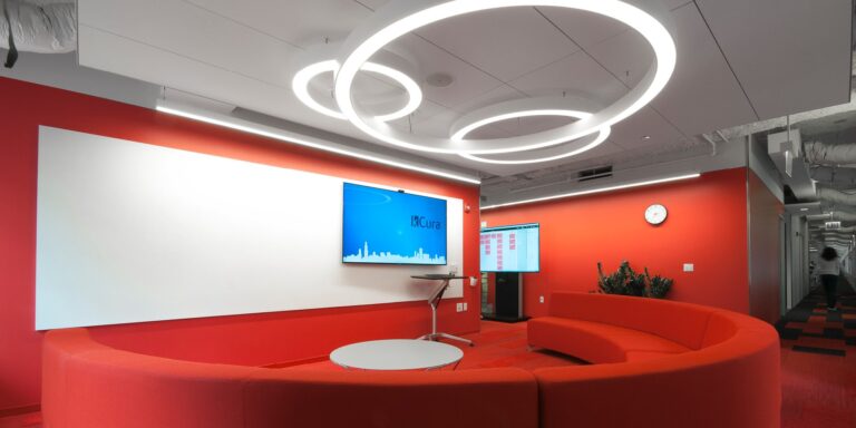 Ring lighting in a red lobby