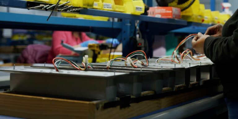 Photo of a worker assembling light fixtures