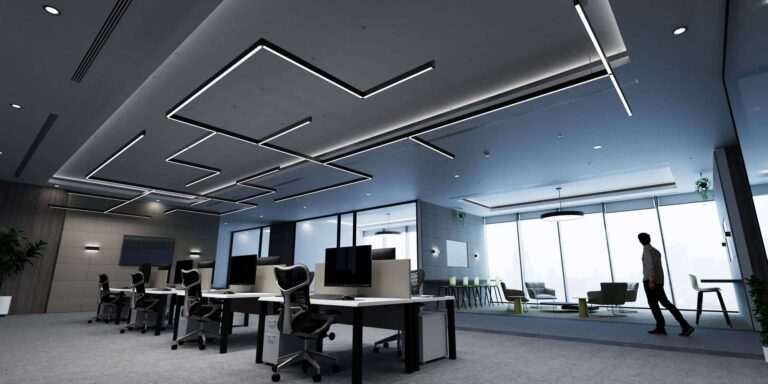 3D-rendered application image of geometric suspended lighting in an office
