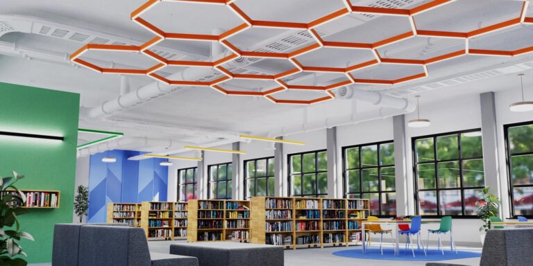 3D-rendered application image of geometric suspended lighting in a public library