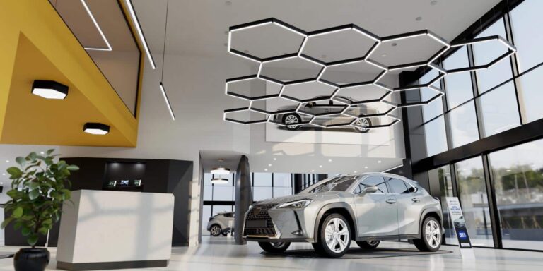 3D-rendered application image of geometric suspended lighting in a car dealership