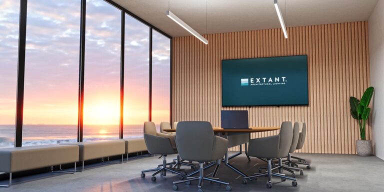 3D-rendered application image of suspended linear lighting in a board room