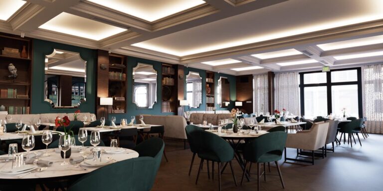 3D-rendered application image of an exit sign in a restaurant