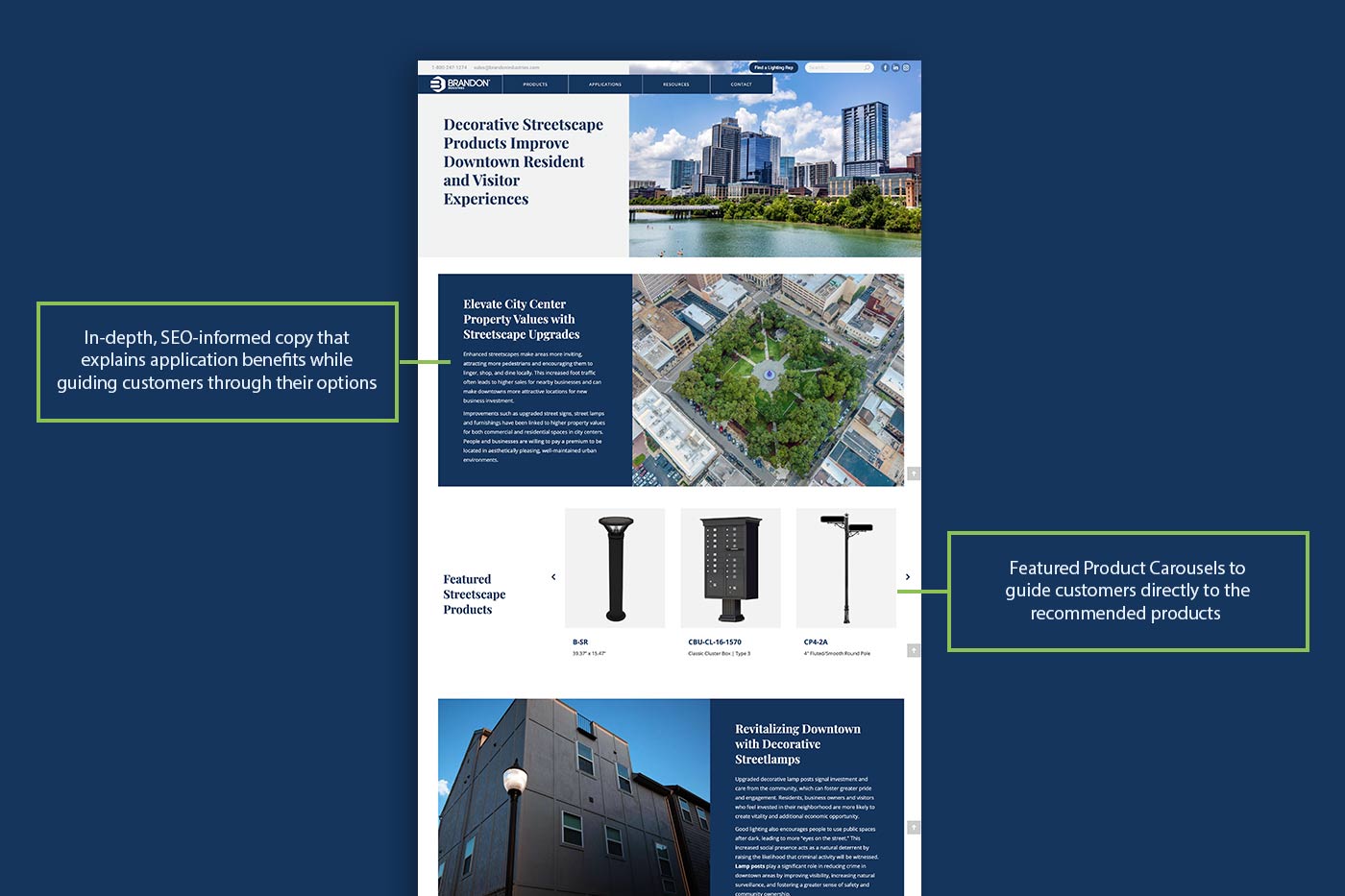 Brandon Industries - Application-Focused SEO A screenshot of a Brandon Industries application page labeled "In-depth, SEO-informed copy that explains application benefits while guiding customers through their options" and "Featured product carousels to guide customers directly to the recommended product"