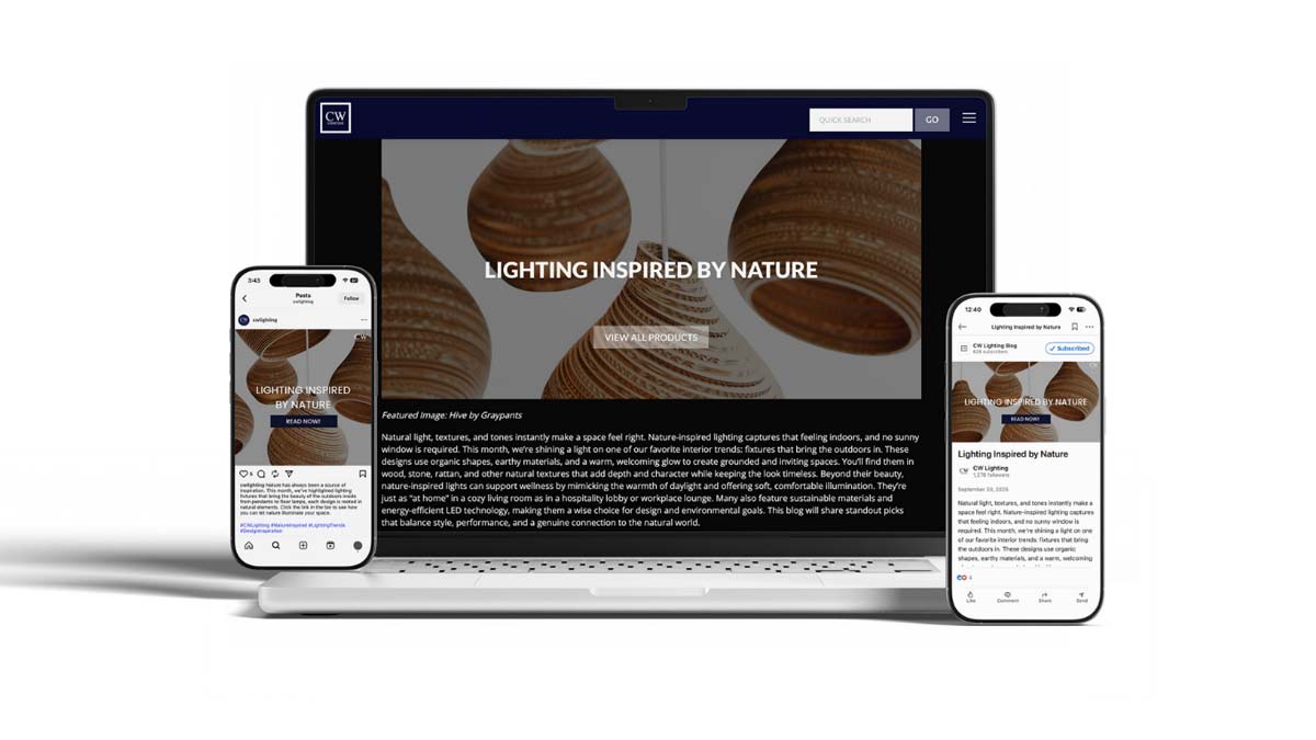 A line of phones showcasing CW Lighting's social media posts Devices showcasing CW Lighting's social media posts and website