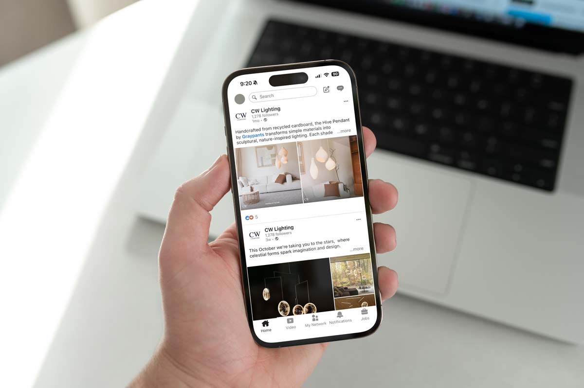 Social Media Marketing Social media posts for a lighting agency on a phone