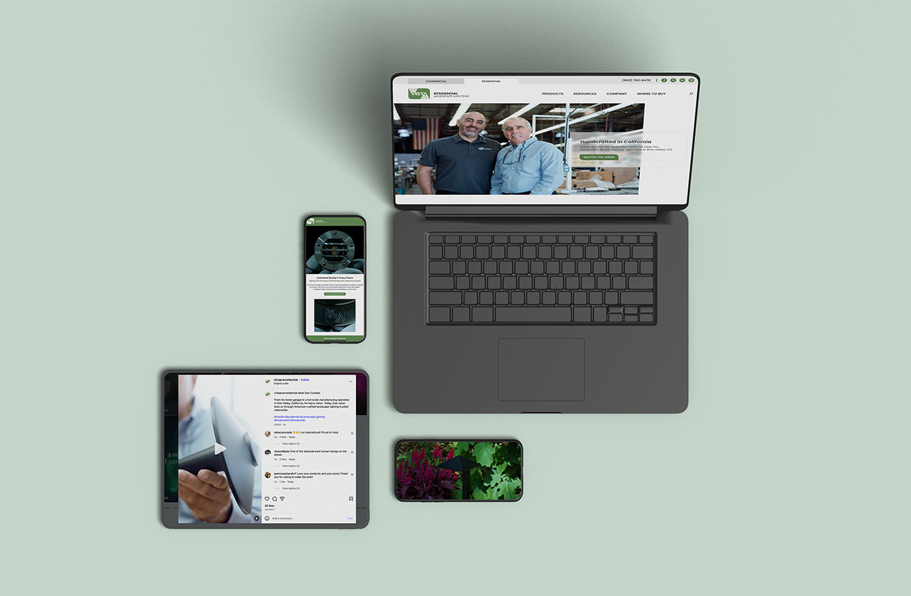An overhead view of the craftsmanship video on Vista's website and social media on multiple devices